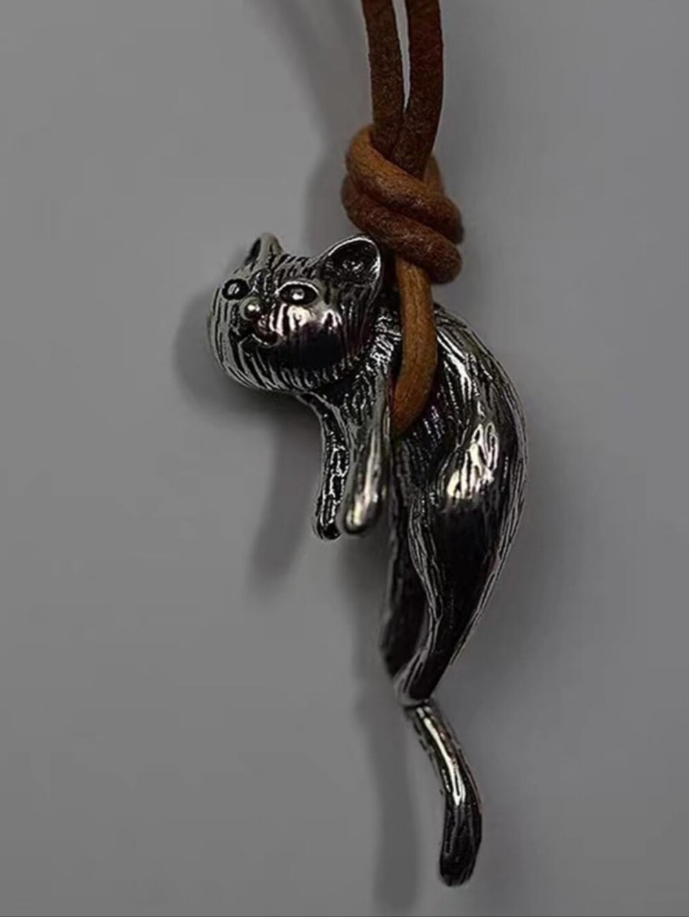 Silver Cat Pendant Necklace with Brown Cord - Picture 3 of 6